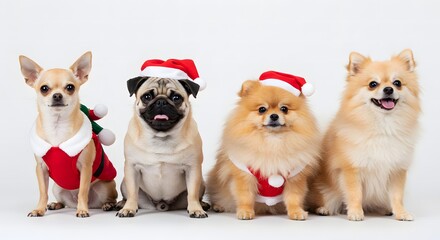 Four adorable dogs, each dressed in festive holiday attire, posing in a row. They are the perfect embodiment of holiday cheer and cuteness