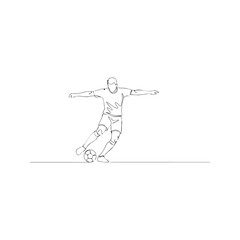 Continuous line drawing of soccer player kicking ball. Football player vector illustration. Single line art of athlete shooting a goal. Minimalist sport concept design on white background.