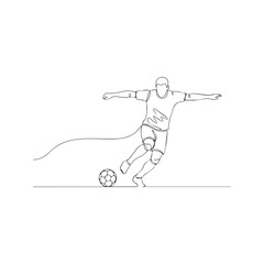 Continuous line drawing of soccer player kicking ball. Football player vector illustration. Single line art of athlete shooting a goal. Minimalist sport concept design on white background.