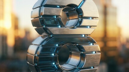 Sleek Metallic Number Eight Sculpture Against Cityscape