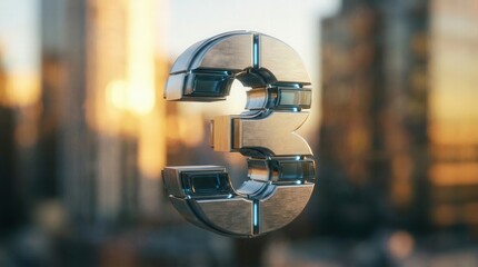 3D Metallic Number Three Against Cityscape Background