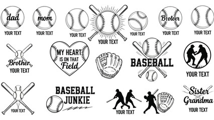A collection of baseball-themed graphic elements and icons, featuring stylized baseballs, bats, gloves, and text placeholders for personalization, suitable for sports apparel and merchandise.