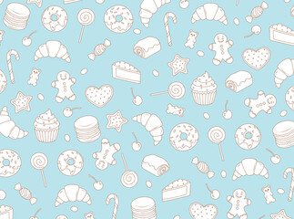 A background with doodle-style pastries: croissants, donuts, muffins, cookies, sweets, and candies. Perfect for sweet packaging, cafe and pastry shop menus, or candy shop banners.