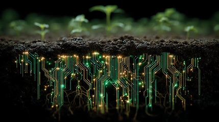 Digital rendering of green plant roots transforming into glowing circuit board patterns growing in dark soil, symbolizing biotech or smart agriculture
