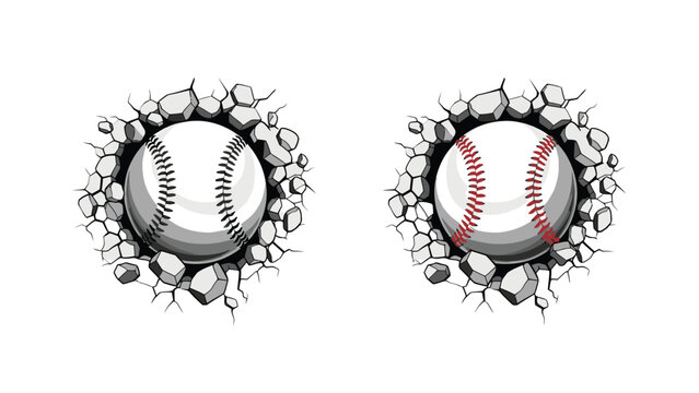 Two baseballs bursting through a cracked surface, one with red stitching and the other with black stitching, on a white background.