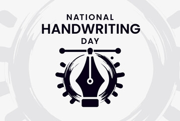 A black and white graphic celebrating National Handwriting Day, featuring a stylized fountain pen nib icon within a circular brush stroke design.