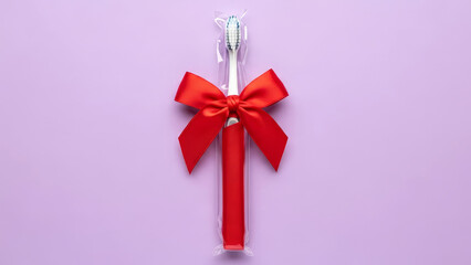 Dental hygiene gift idea with toothbrush tied in red ribbon for holiday season