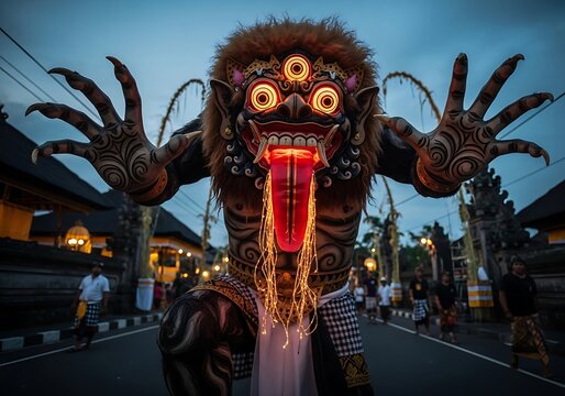 Ogoh Ogoh parade in Bali, Indonesia, featuring a giant monster statue with glowing eyes and tongue.