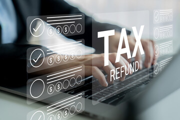 A professional user interacts with a laptop displaying digital elements related to tax refunds, featuring financial checklists and dollar signs in a contemporary workspace. Gantry