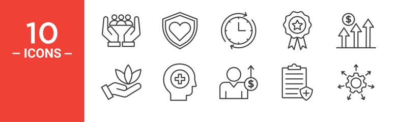 Benefits icon set. Benefits vector symbol in black filled and outlined style.