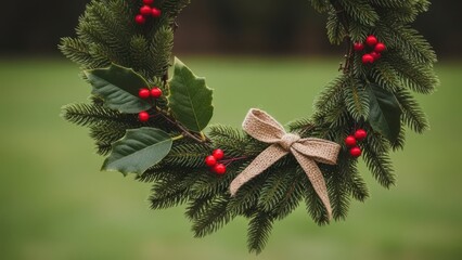 Rustic christmas wreath with berries and a burlap bow