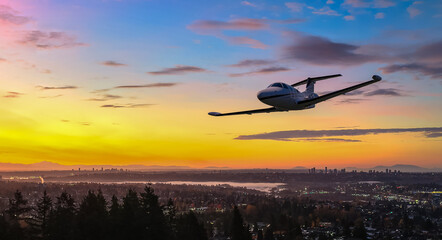 Private Jet Over City Skyline at Sunset: Airplane Flight Over Burnaby, BC, Canada