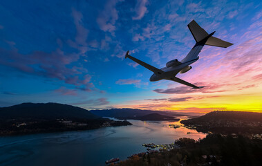 Airplane Soaring Over Sunset Cityscape: Dynamic Sky, City Lights, and Wide Horizon at Dusk