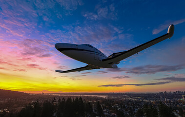 Airplane Soaring Over Sunset Cityscape: Dynamic Sky, City Lights, and Wide Horizon at Dusk