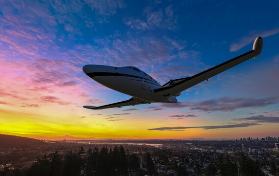 Fototapeta Airplane Soaring Over Sunset Cityscape: Dynamic Sky, City Lights, and Wide Horizon at Dusk