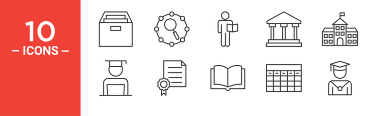 Educational icon set. Educational vector symbol in black filled and outlined style.