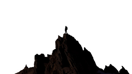 Obraz premium Solitary Climber Stands on Jagged Peak Summit Silhouette Against White Sky