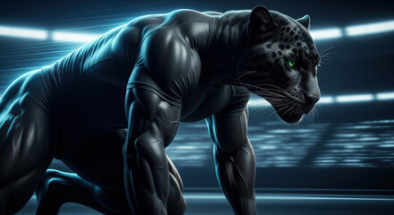 Anthropomorphic muscular black panther runner in starting position on stadium track ready to run