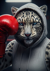 Anthropomorphic serious leopard boxer in hoodie holding red boxing glove with sweat on face