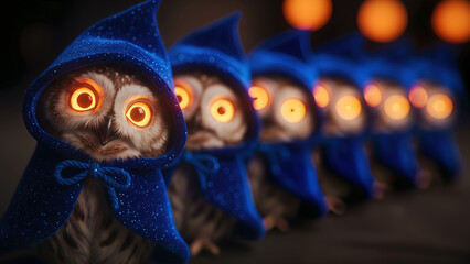Anthropomorphic cute owl wearing blue sparkly hood with glowing orange eyes standing in row with blurred friends