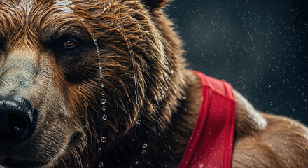 Anthropomorphic brown bear wearing red sport vest closeup with water dripping from wet fur and intense eye