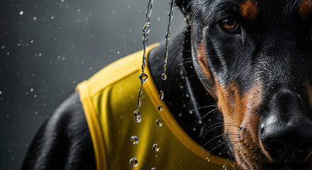 Anthropomorphic black doberman dog wearing yellow sport jersey closeup with water pouring on wet fur