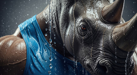 Anthropomorphic strong rhino wearing blue sport shirt closeup with water drops running down wet grey skin