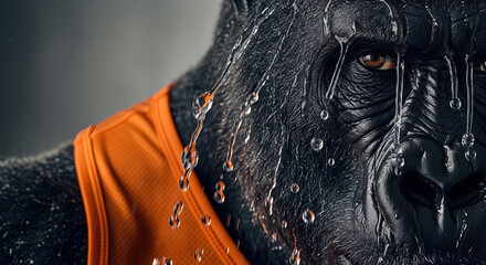 Anthropomorphic black gorilla wearing orange sport jersey closeup with water dripping on wet fur and serious face