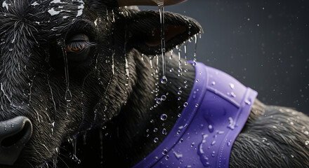 Anthropomorphic black bull wearing purple sport jersey closeup with water pouring on wet fur and intense eye
