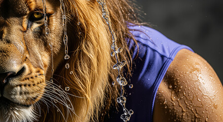 Anthropomorphic muscular lion wearing blue sport jersey in profile with water splashing on wet fur and intense eye