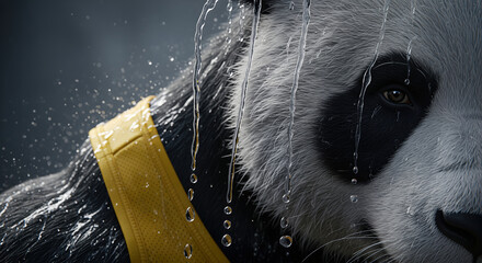 Anthropomorphic panda wearing yellow sport vest closeup with water pouring on wet fur and serious eye