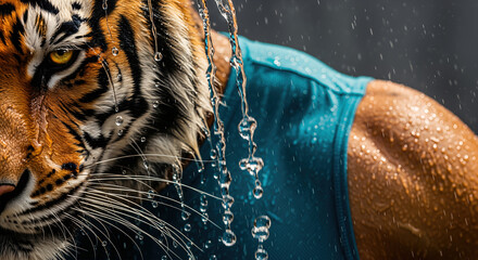 Anthropomorphic tiger wearing teal sport shirt closeup with water pouring on wet fur and intense eye