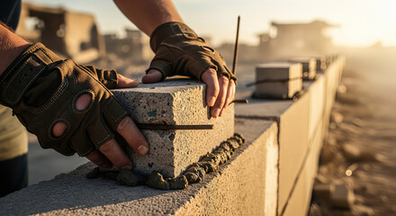 Worker hands in gloves laying grey concrete blocks on wall with cement during sunset construction site
