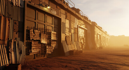 Old abandoned concrete building with rusty corrugated metal patches in dusty sunset desert wasteland