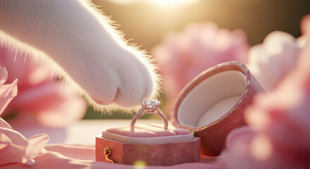 White cat paw touching diamond engagement ring in pink velvet box surrounded by flowers in sunlight