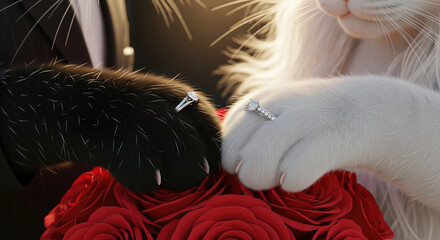 Anthropomorphic black and white cat paws wearing wedding rings touching over red roses bouquet in sunlight