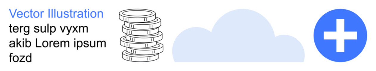 Data storage, cloud computing, digital backup, online services, technology, financial management. Stack of coins beside a cloud and a plus symbol. Data storage and cloud computing concept