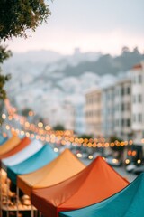 Colorful market tents with warm string lights and soft city background in dreamy evening atmosphere