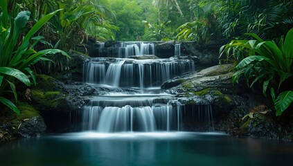 A serene tropical waterfall flowing over multiple moss-covered rock formations, surrounded by lush green vegetation and exotic plants