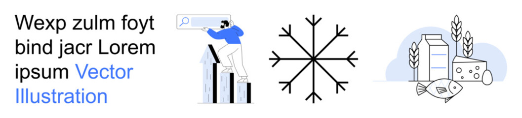 Business analytics, seasonal change, healthy eating, agriculture, data progress, marketing. Person climbing bar graph, snowflake food items thumbs up milk and fish. Business analytics agriculture