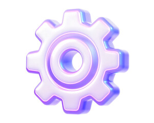 Minimal glassmorphism gear icon representing settings or configuration in modern digital interfaces, purple glass gear cog setting options mechanism, 3d rendering