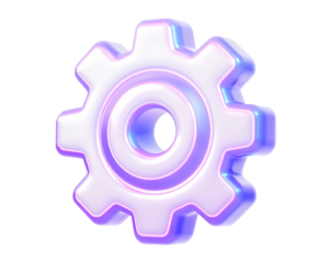 Minimal glassmorphism gear icon representing settings or configuration in modern digital interfaces, purple glass gear cog setting options mechanism, 3d rendering