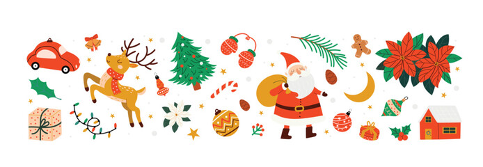Cute Christmas scene with Santa, reindeer, car, gifts, tree, poinsettia flowers, ornaments and festive winter elements. Bright holiday illustration for seasonal designs.