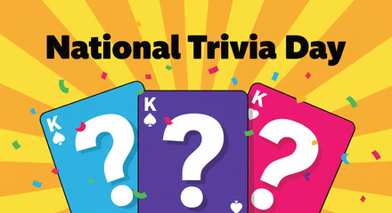 National trivia day celebration with question mark playing cards and confetti on yellow sunburst background