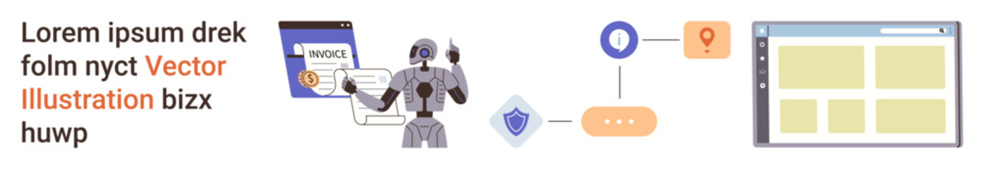 Artificial intelligence, cybersecurity, workflow automation, navigation systems, digital tools, futuristic visuals. Robot interacting with security shield and navigation markers. AI technology