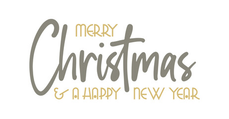 Merry christmas and happy new year lettering, gold and grey isolated on white background. Merry christmas text for wishes, greeting cards, social media post and celebration.