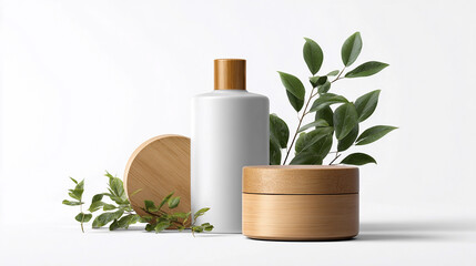 Natural skincare products arranged with wooden elements and greenery