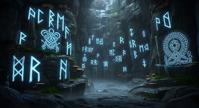 Mystical Glowing Blue Runes in an Ancient Forest Cave.