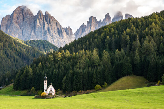 Stunning View of Santa Maddalena Church in the Alps, Italy