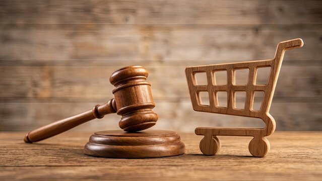E-commerce Law: Depicting a gavel beside a shopping cart, the image symbolizes the legal regulations and principles governing online transactions and consumer rights in the digital marketplace.